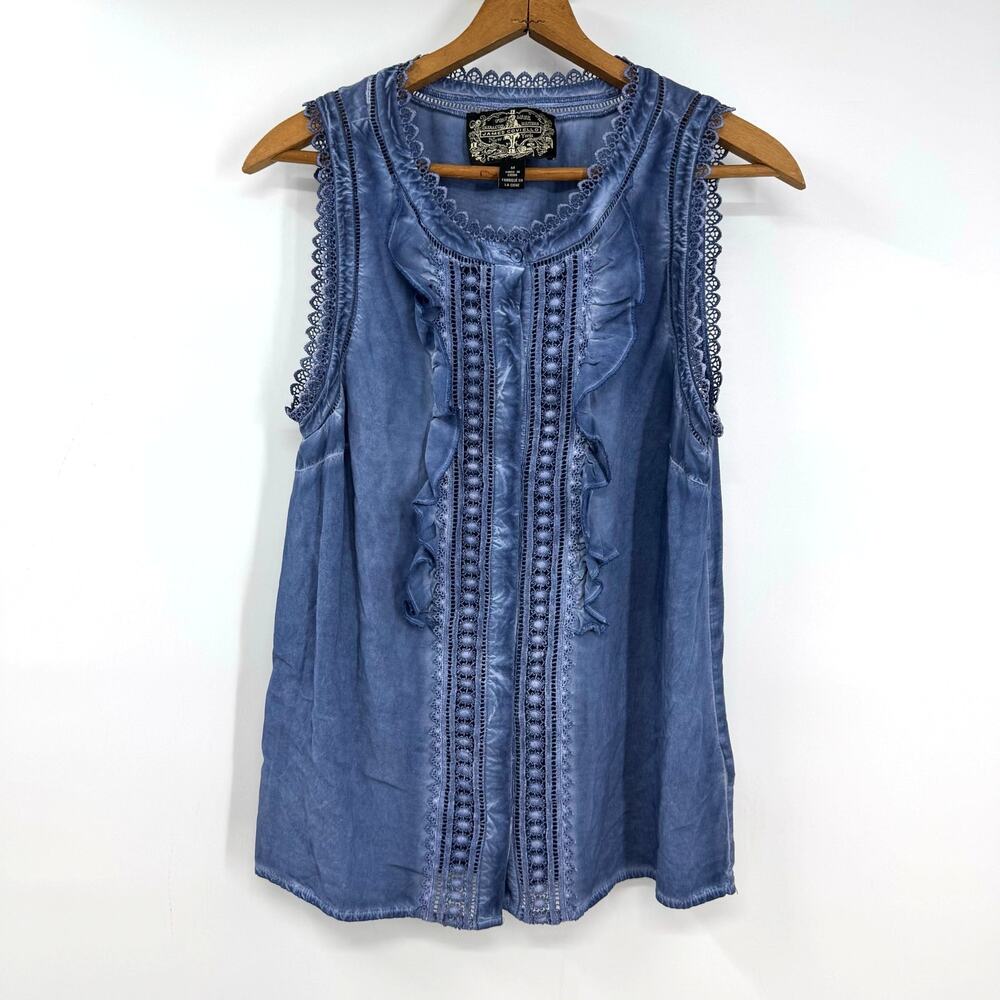 Anthro James Coviello Sleeveless Top M Blue Crochet Ruffle Boho Indie Western